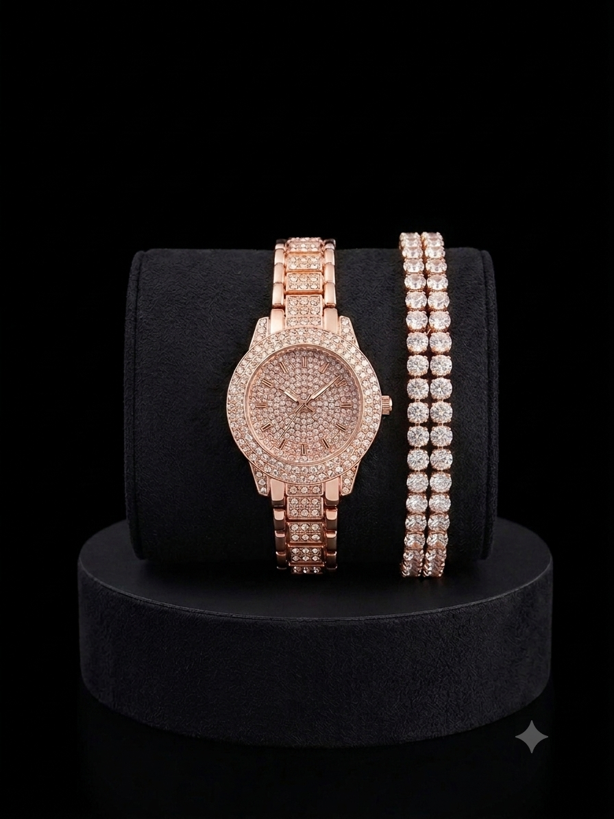 Rose Gold Watch & Stretch Bracelet Set