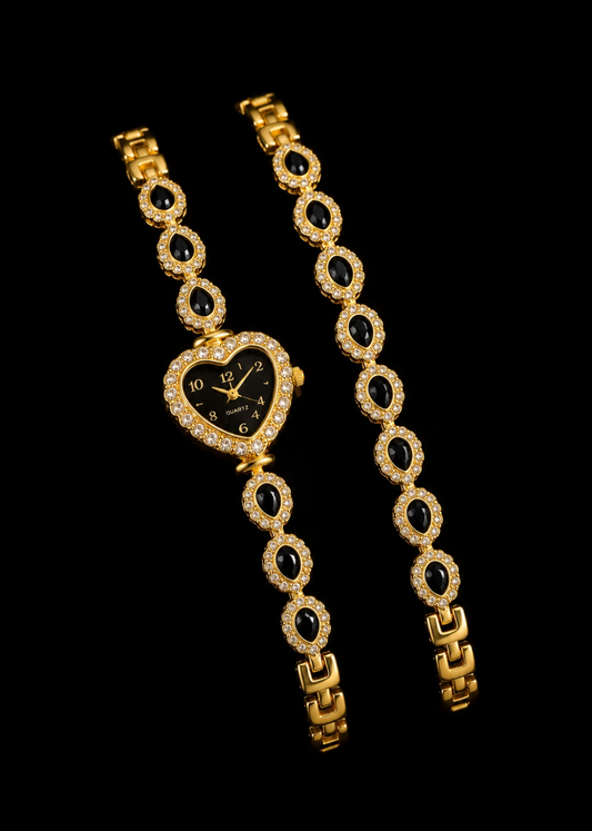 Gold Black Heart Watch Set