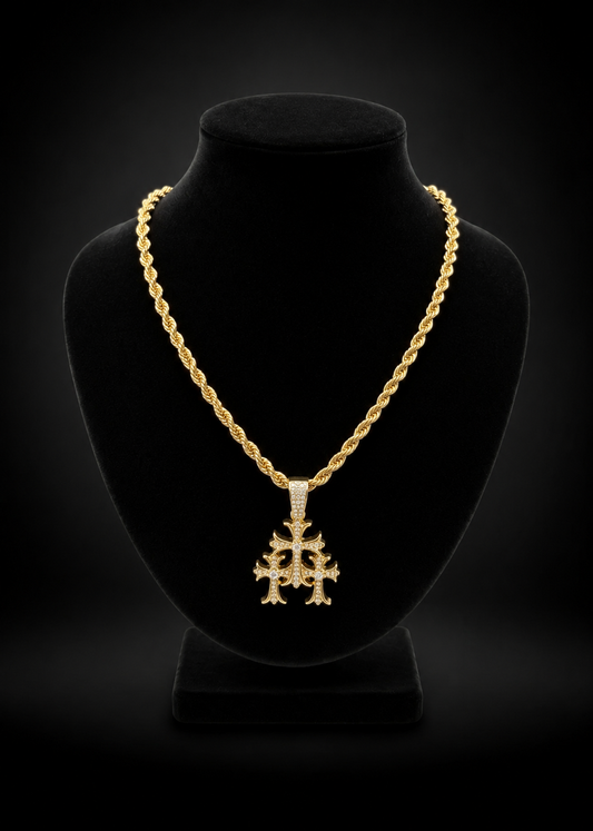 Iced Triple Crucifix Rope Chain 24inch x 3mm Pendant 2 inch L x 1.25 W