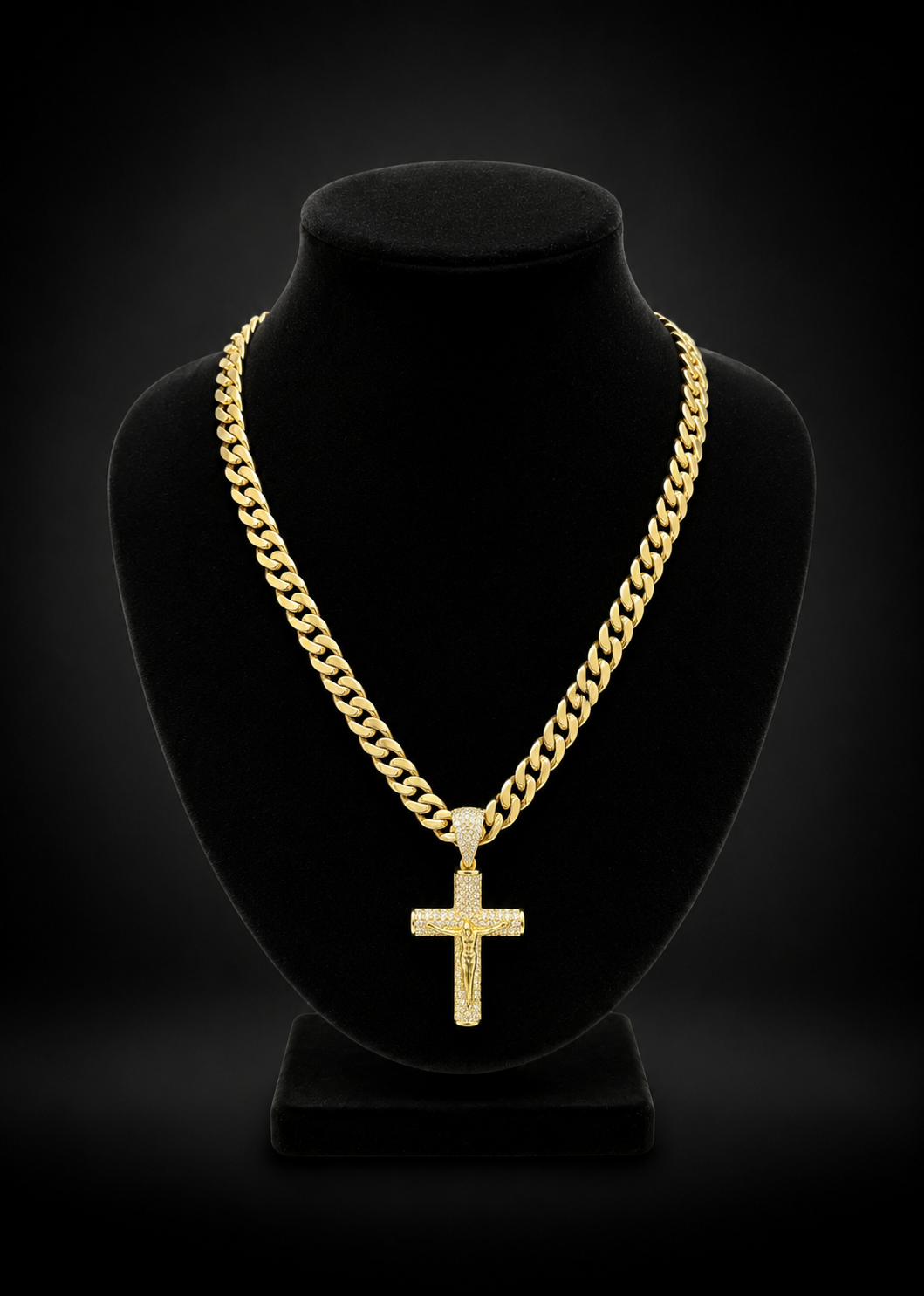 Luxury Miami Cuban Chain - Gold Finish with Crucifix  20 inch x 6mm / Crucifix 2.5 inch L x 1 inch W