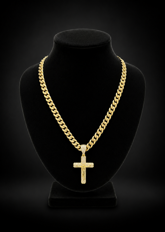 Luxury Miami Cuban Chain - Gold Finish with Crucifix  20 inch x 6mm / Crucifix 2.5 inch L x 1 inch W