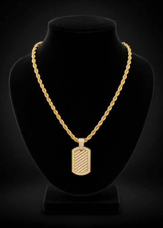 Iced Dog Tag Rope Chain 24 inch x 3mm Pendant 1.5inch L x 1 inch W